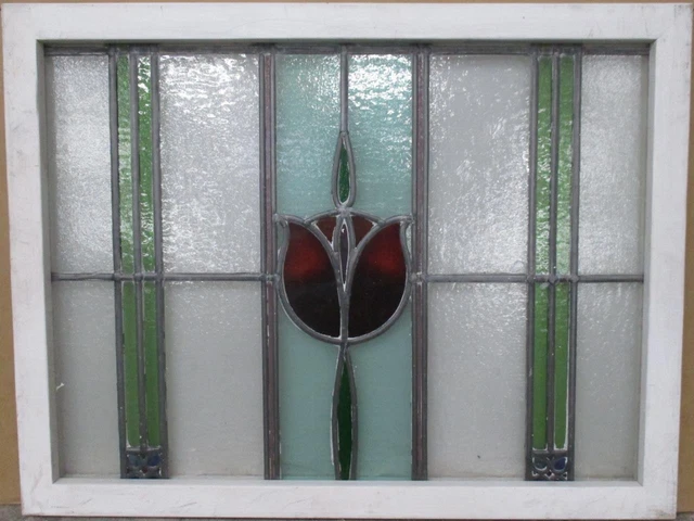 MIDSIZE OLD ENGLISH LEADED STAINED GLASS WINDOW Beautiful Floral 28.5" x 22"