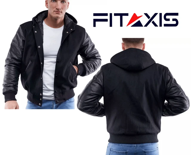 Felpa con cappuccio Giacca Letterman Cappotto Varsity Corpo in lana nera e manic