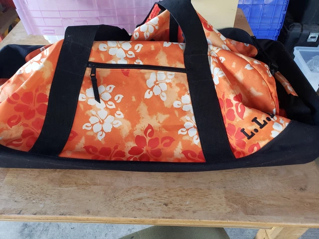 LL Bean Rolling Wheel Orange Floral Rolling Duffel Travel Luggage Bag 32”