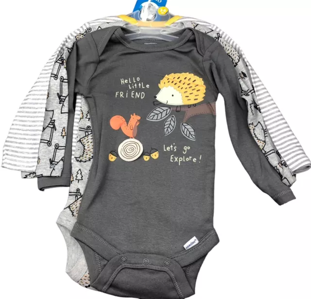 Gerber Baby Boy Sz 3-6 Mo One Piece Long Sleeve Gray  T Shirts Hedgehog Squirrel