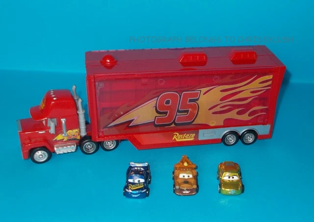 DISNEY PIXAR CARS 28Cm Mack Truck Transporter Hauler X 3 Mini Racers ...