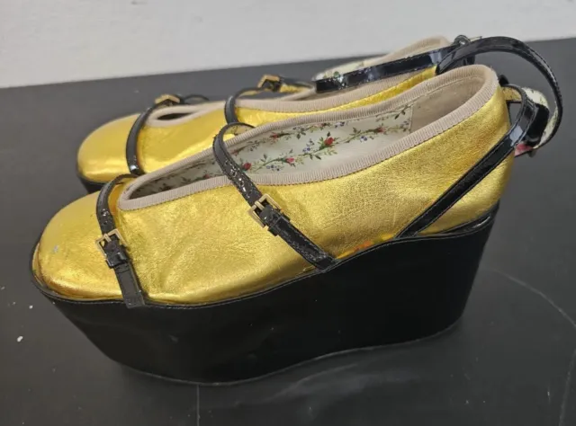 Gucci Hannelore Heels Womens Sz 35.5 Gold Leather Ballerinas w/ Ballet Platforms