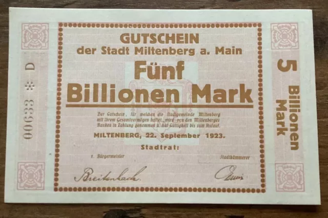 Original Fünf Billionen Mark 1923  Notgeld Gutschein der Stadt Miltenberg
