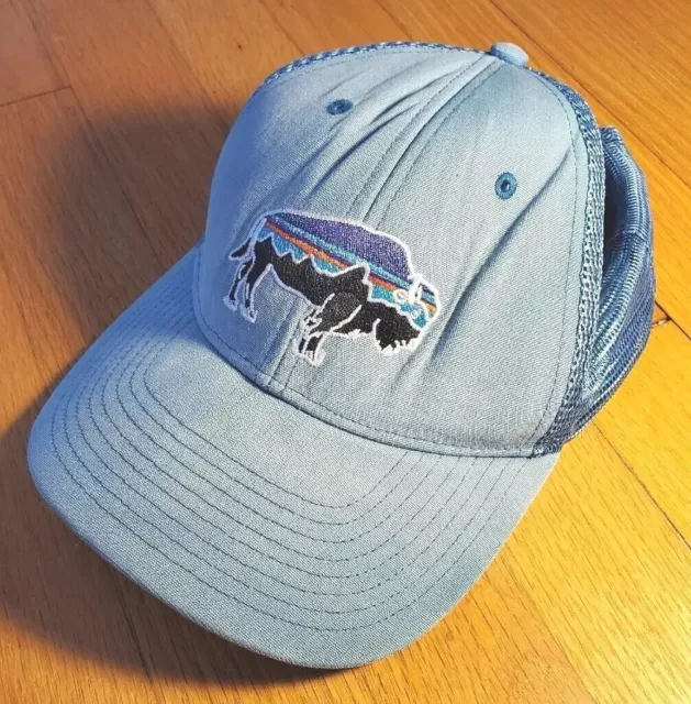 Patagonia Buffalo Bison Hat, Blue Embroidered Logo Mesh Ballcap Outdoor Fitz Roy