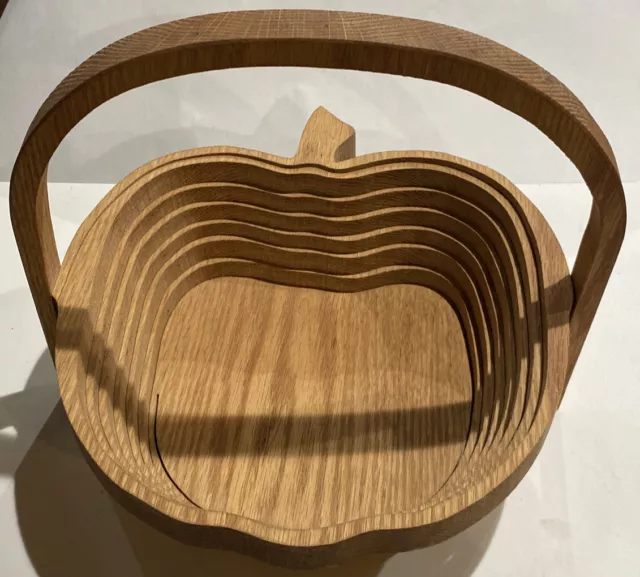 Collapsible Hanging Apple Wooden Bowl Basket Accordian Fold Out Fruit Bread. Oak