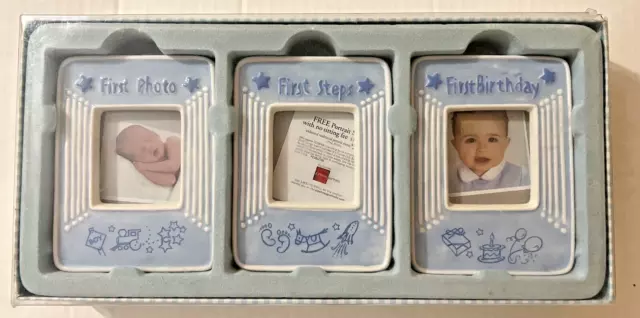 3 Boy's Ceramic Photo Frames - 3 Firsts: Photo, Step, Birthday - 718540035573