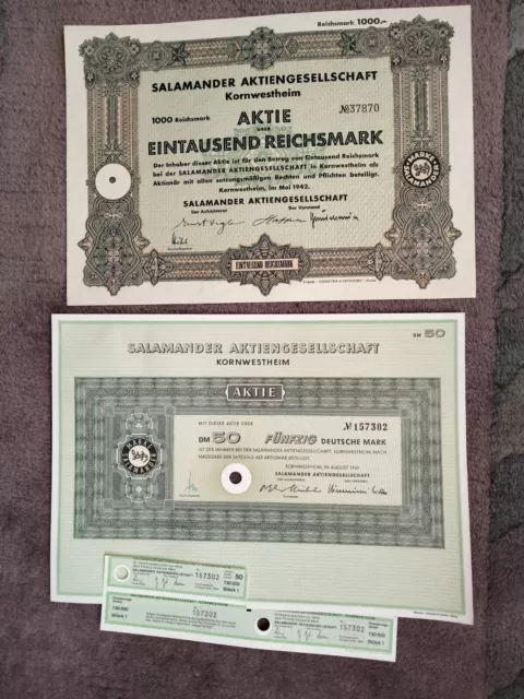 2 x Salamander AG Kornwestheim 50 DM + 1000 RM Aktie 1941/69 - die Schuhmarke