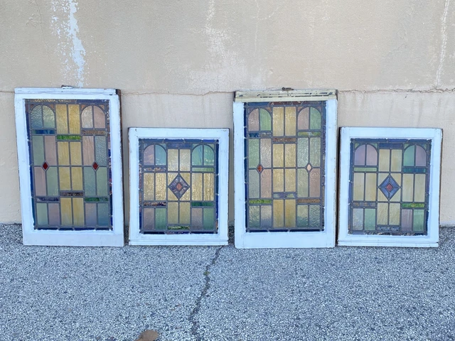 Antique Art Deco Leaded Stained Glass Pink Green Blue Yellow Windows - (2) Pair