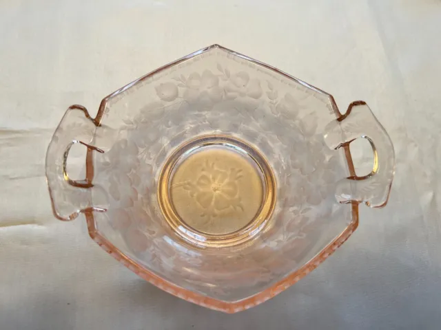 6 Sided Pink Depression Glass Bowl w/ Intricate Etched Floral Pattern & Handles