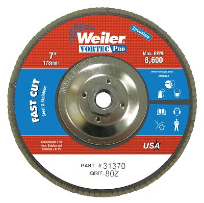 Vortec Pro Abrasive Flap Discs, 7", 80 Grit, 5/8 Arbor, 8,600 Rpm, Phenolic