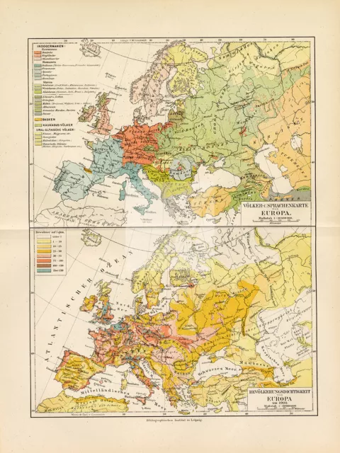 ANTIQUE Maps of Language/Population Density of Europe - 1800's #G782