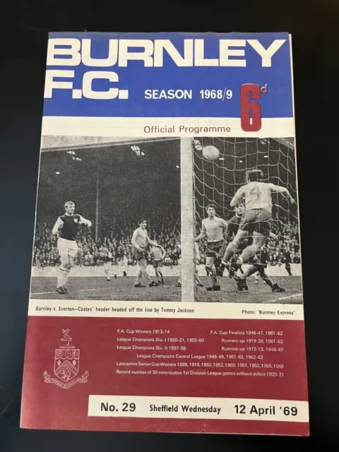 Burnley v Sheffield Wednesday Football Programme 12th April 1969