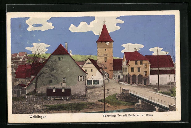 AK Waiblingen, Beinsteiner Tor mit Partie an der Rems 1919