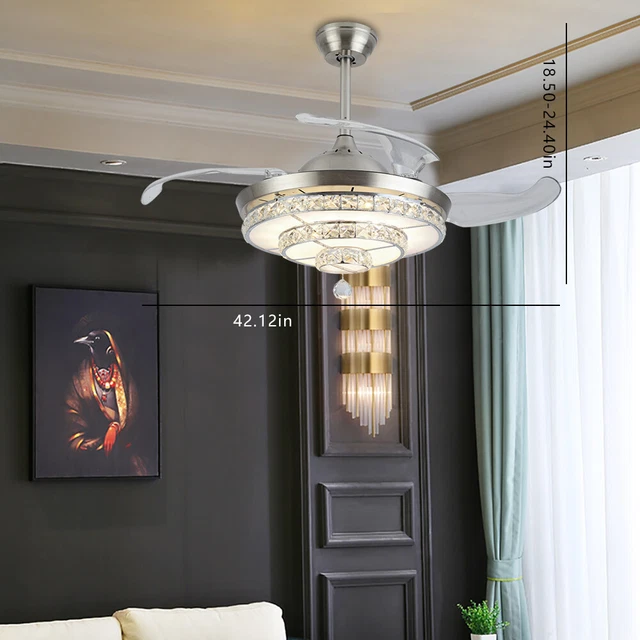 INVISIBLE CRYSTAL REMOTE LED Chandelier Retractable Blade Ceiling Fan