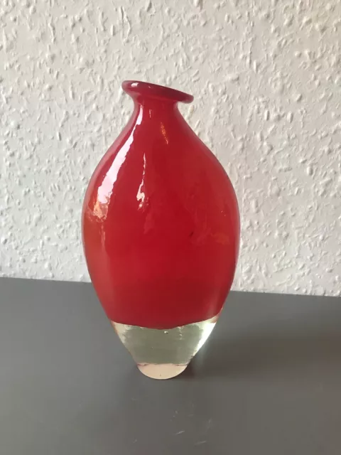 Vintage Ruby Heavy Art Glass Vase, Squashed Rim Bottle Design