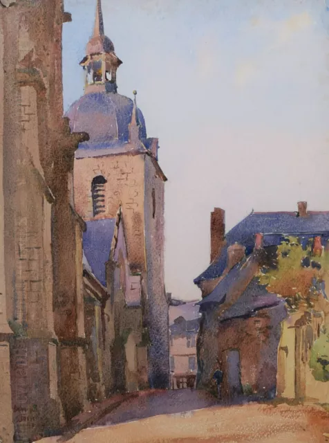 André Debergue dessin aquarelle tableau paysage vue église rue Josselin Bretagne