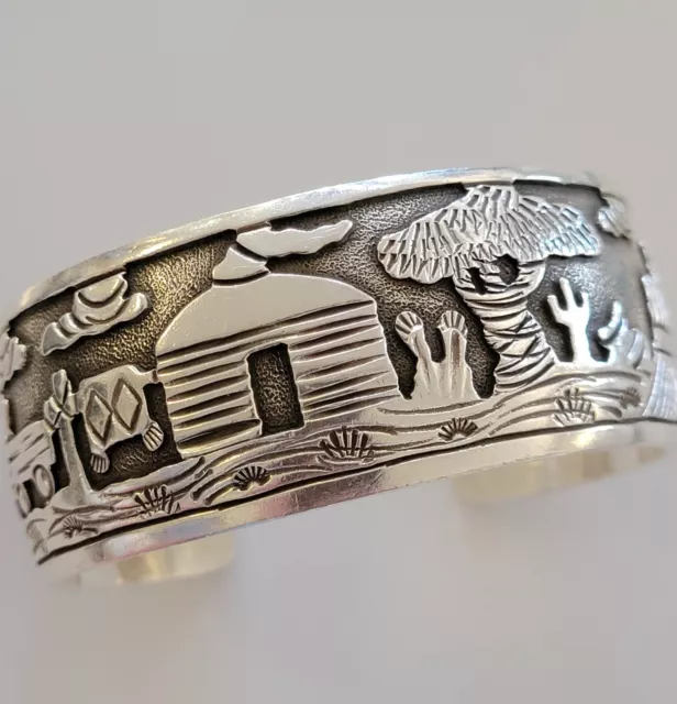 Vtg Gorgeous Becenti BCT Sterling Silver NAVAJO Storyteller Solid Cuff Bracelet