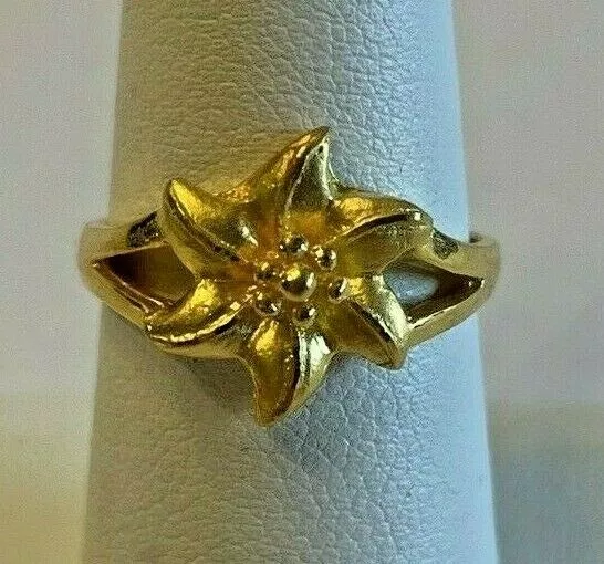 Estate Solid 24K Yellow Gold Single Flower Ring Size 7.5  9999 Lily 5.18 Grams