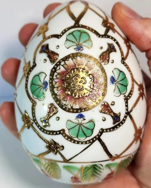 White Vintage Solid Porcelain 3 " Tall 2.5" W  EGG Hand Painted Gold And Floral