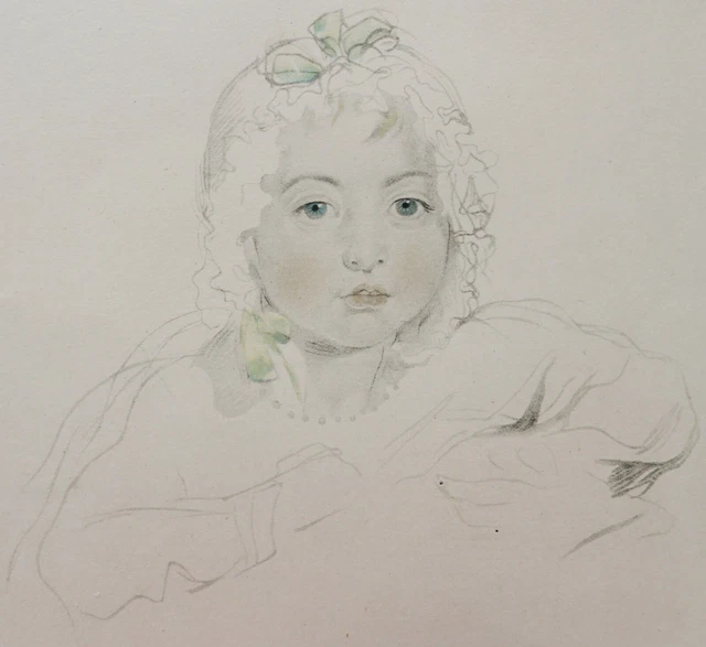 FRENCH DRAWING WATERCOLOR Art Modern Portrait Little Girl Oil Painting