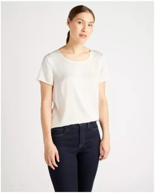 Quince Washable Stretch Silk Tee Solid Ivory Scoop Neck Short Sleeve L NEW