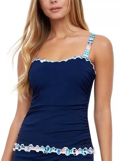 NWT Profile by Gottex Navy Ocean Blues Underwire Tankini Swimsuit Top Ruffle 18W