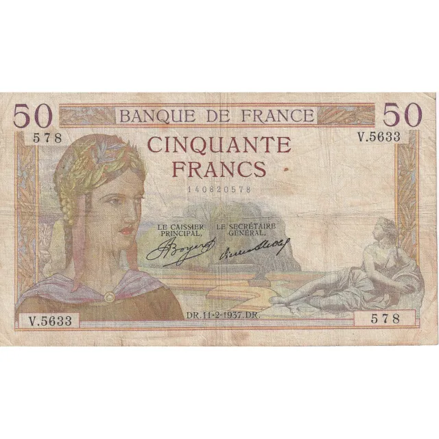 [#195695] France, 50 Francs, Cérès, 1937, V.5633, TB+, Fayette:17.34, KM:81