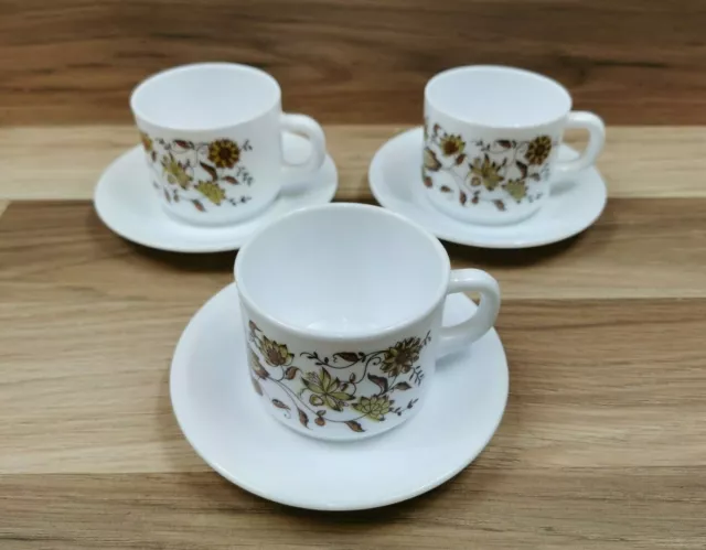 3 x Vintage Retro Arcopal France Brown Onion Pattern Cups & Saucers