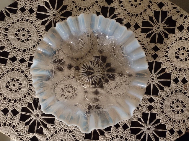 Antique Northwood or Dugan Opalescent White Clear Bowl with Crimped Edge