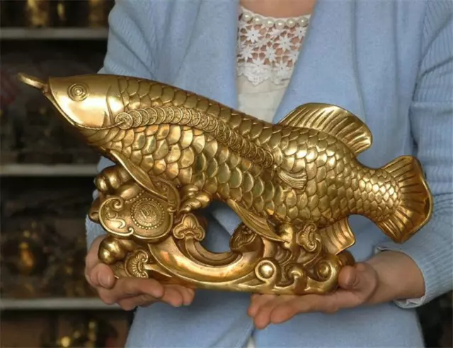 Chinese Fengshui Brass Ruyi Money Wealth Fish Statue Auspicious Lucky Decorative