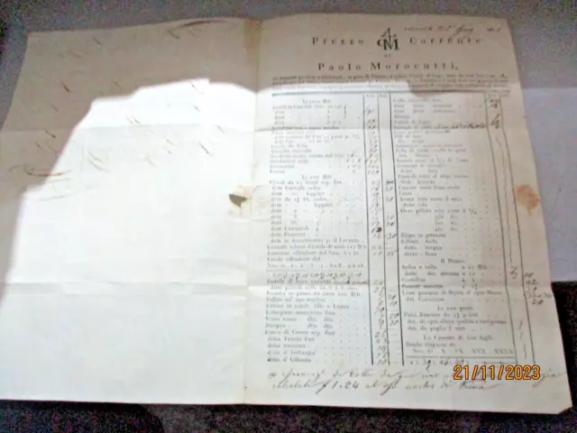 PREZZO CORRENTE listino ferramenta 25 GIUGNO 1831 PAOLO MOROCUTTI