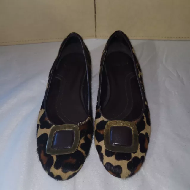 Vaneli Leopard Print Calf Hair Slip On Ballet Flat Antique Gold Buckle Size 10