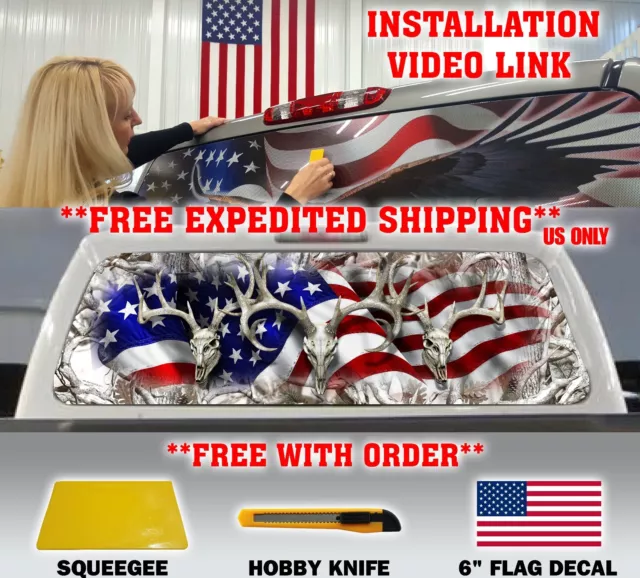 Us Flag Buck Skull Pick-Up Truck Rear Window Graphic Decal Perforated Vinyl Tint