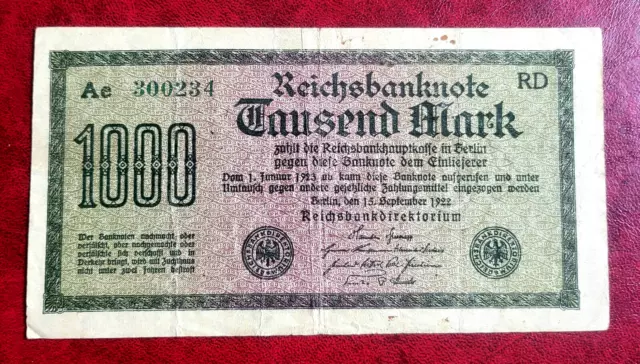 Old Germany Banknote 1000 mark 1922 , ser. Ae , condition good