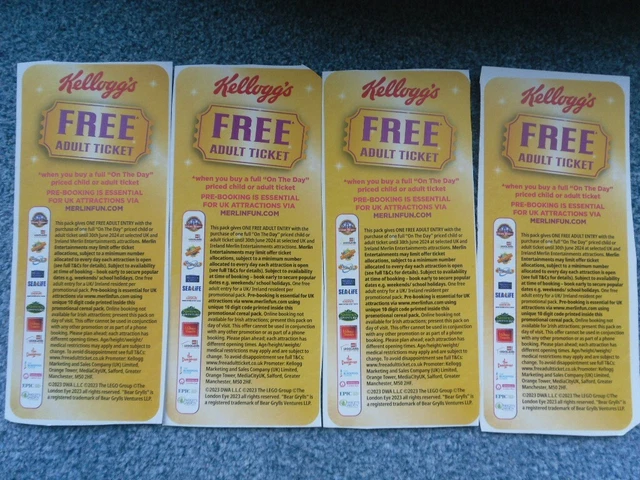 Kelloggs 4X Adult Tickets Vouchers +4 Online Codes expire 30 June 2024