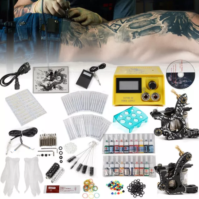 Complete Starter Tattoo Kit 2 Gun Machine Power Supply Set 20 Ink Needle SJ12 UK