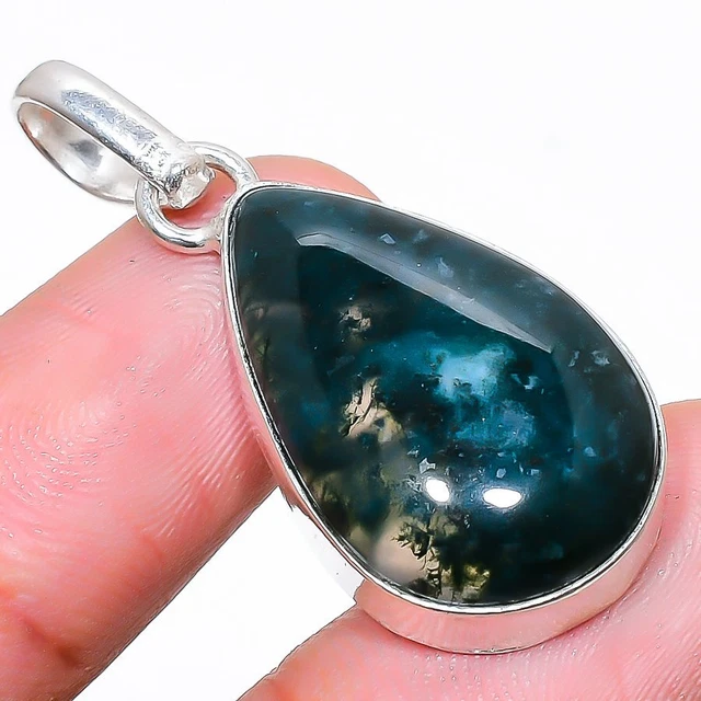 Indian Moss Agate Gemstone Handmade 925 Sterling Silver Jewelry Pendant 1.50"