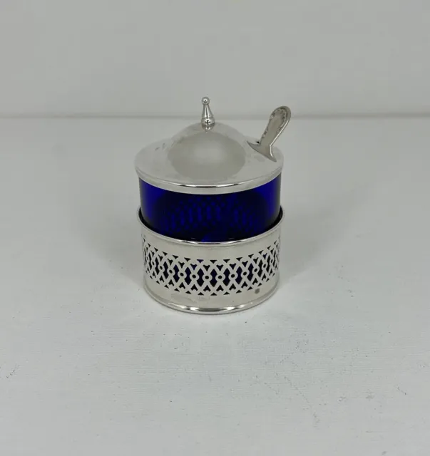 Sterling Silver Webster Mustard Pot with Cobalt Glass And Spoon