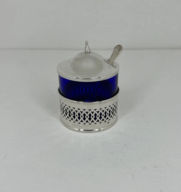 Sterling Silver Webster Mustard Pot with Cobalt Glass And Spoon