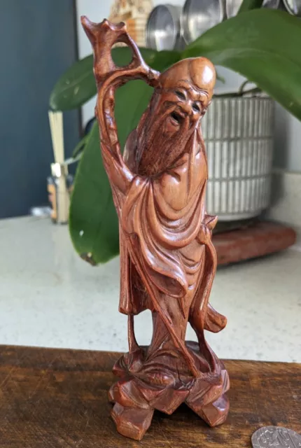 Vintage Chinese Carved Boxwood Shou Lao Immortal God Figurine 15.5cm