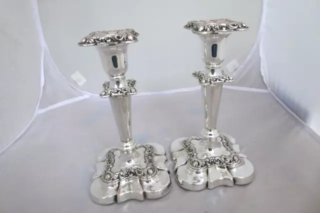 Good Vintage Heavy Silver Plated On Copper  Pair Of Fancy Candlesticks 7.5" High