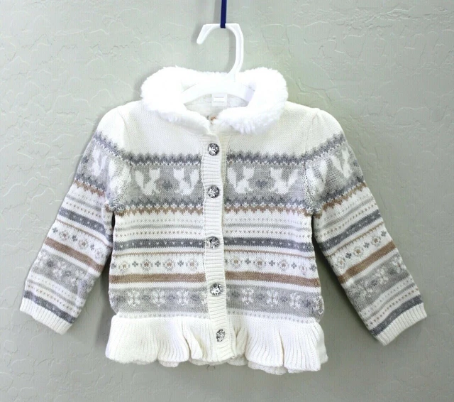 Gymboree Fair Isle Fuzzy Collar Button Down Peplum Knit Cardigan 18-24M White