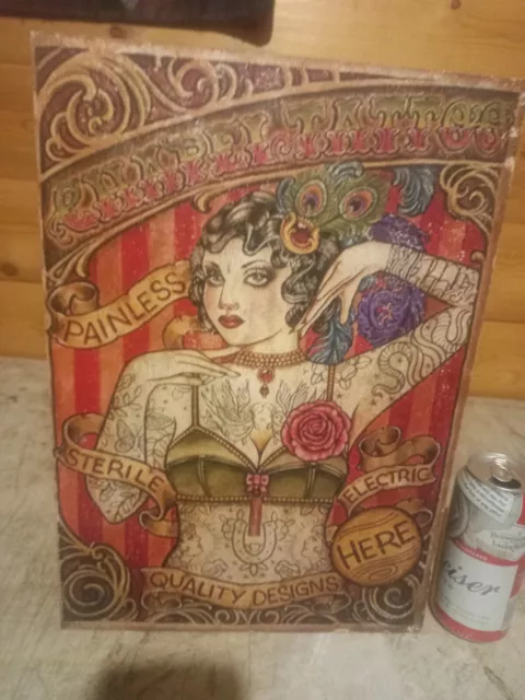 Vintage style wooden fairground/sideshow sign tattooed lady