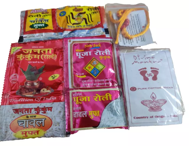 @ Indian Traditional Puja Items Raksha Sutra Roli With Rice & Pure Cotton Wicks