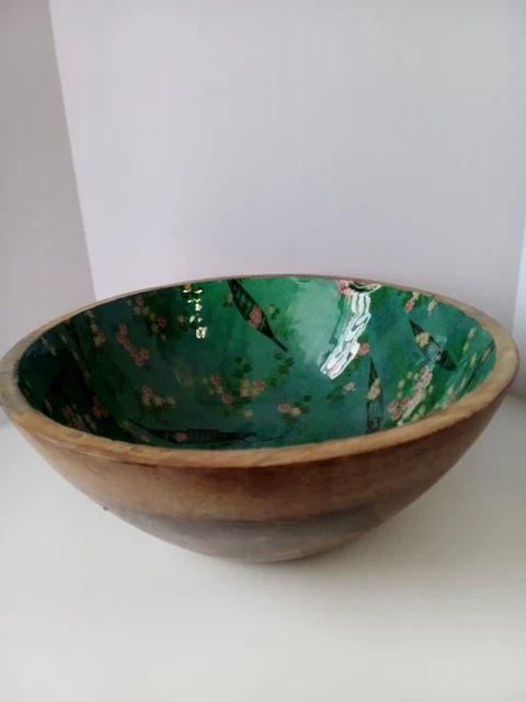 Tiramisu Mango Wood Bowl Lacquered Resin Interior Asian Fishing Boats & Lillies