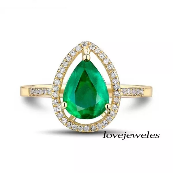 2CT Pear Shape Real Green Emerald Wedding Halo Wedding Ring 14K Yellow Gold FN