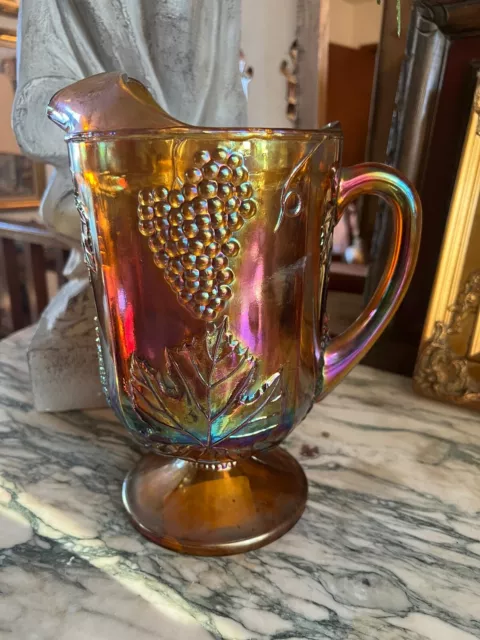 Vintage Large Indiana Iridescent Harvest Grape Amber Carnival Glass Pitcher