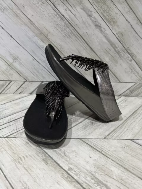 Fitflop Cha Cha Beaded Metallic Gray Leather Toe Post Wobbleboard Sandals Sz 6