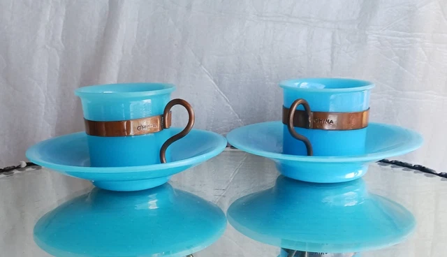 Pair Antique  Late Qing Blue Peking Glass Demitasse Cups, well marked