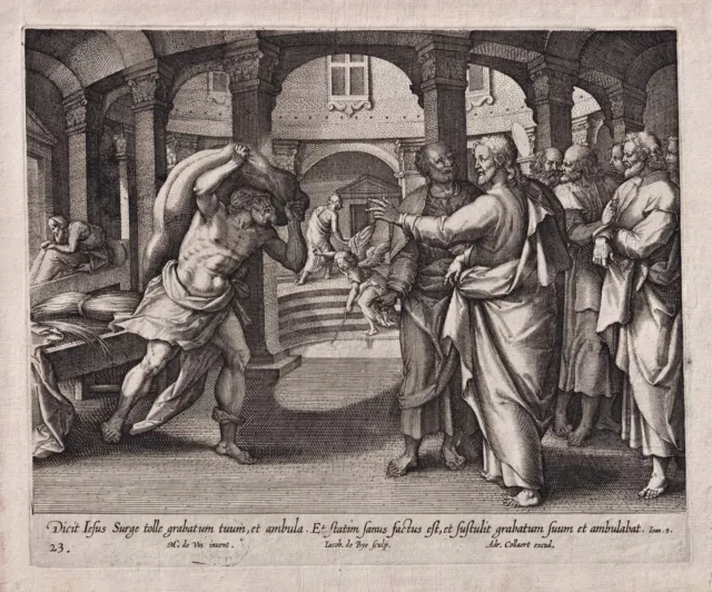 J. Bie M.Vos Christ healing man pool Bethesda Bible Kupferstich engraving 1598